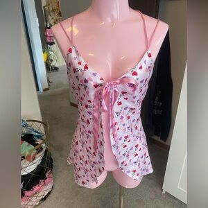 Vintage La Senza "ooh lala " Pink Heart Print Satin Camisole